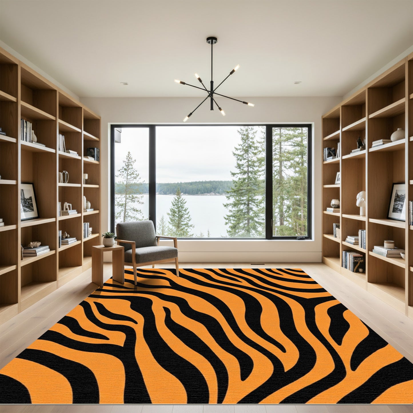 Vibrant Orange Black Swirl Stripes Rug