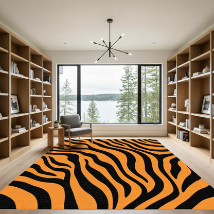 Vibrant Orange Black Swirl Stripes Rug