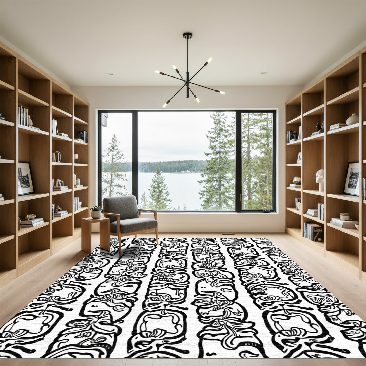 Monochromatic Organic Line Art Columns Rug