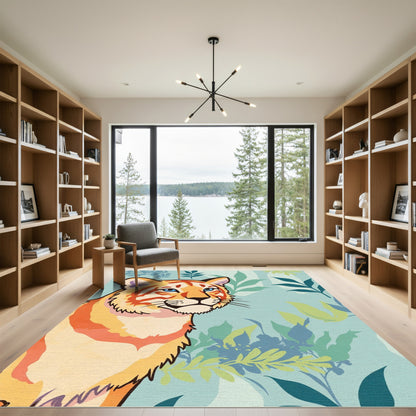 Vibrant Orange Tiger Jungle Leaves Rug