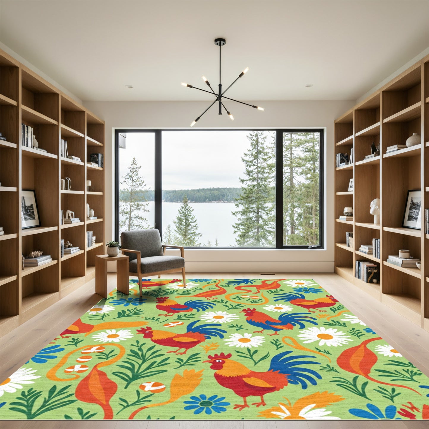 Whimsical Rooster Floral Meadow Rug