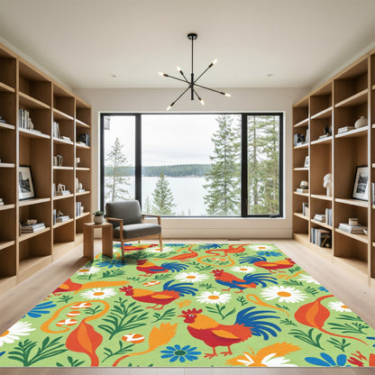 Whimsical Rooster Floral Meadow Rug