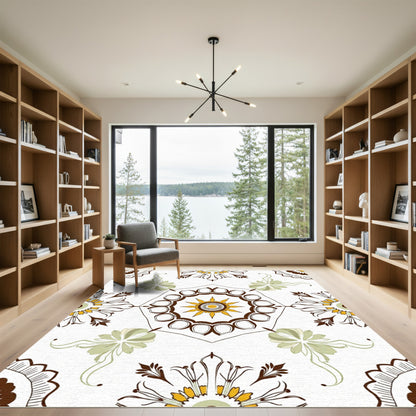 Yellow Brown Floral Mandala Octagon Art Rug