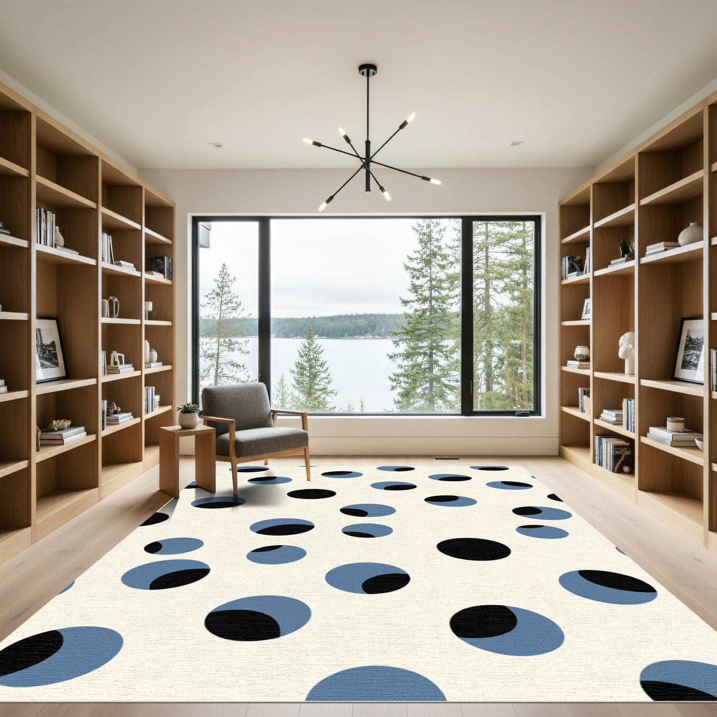 Cream Black Blue Round Spots Rug