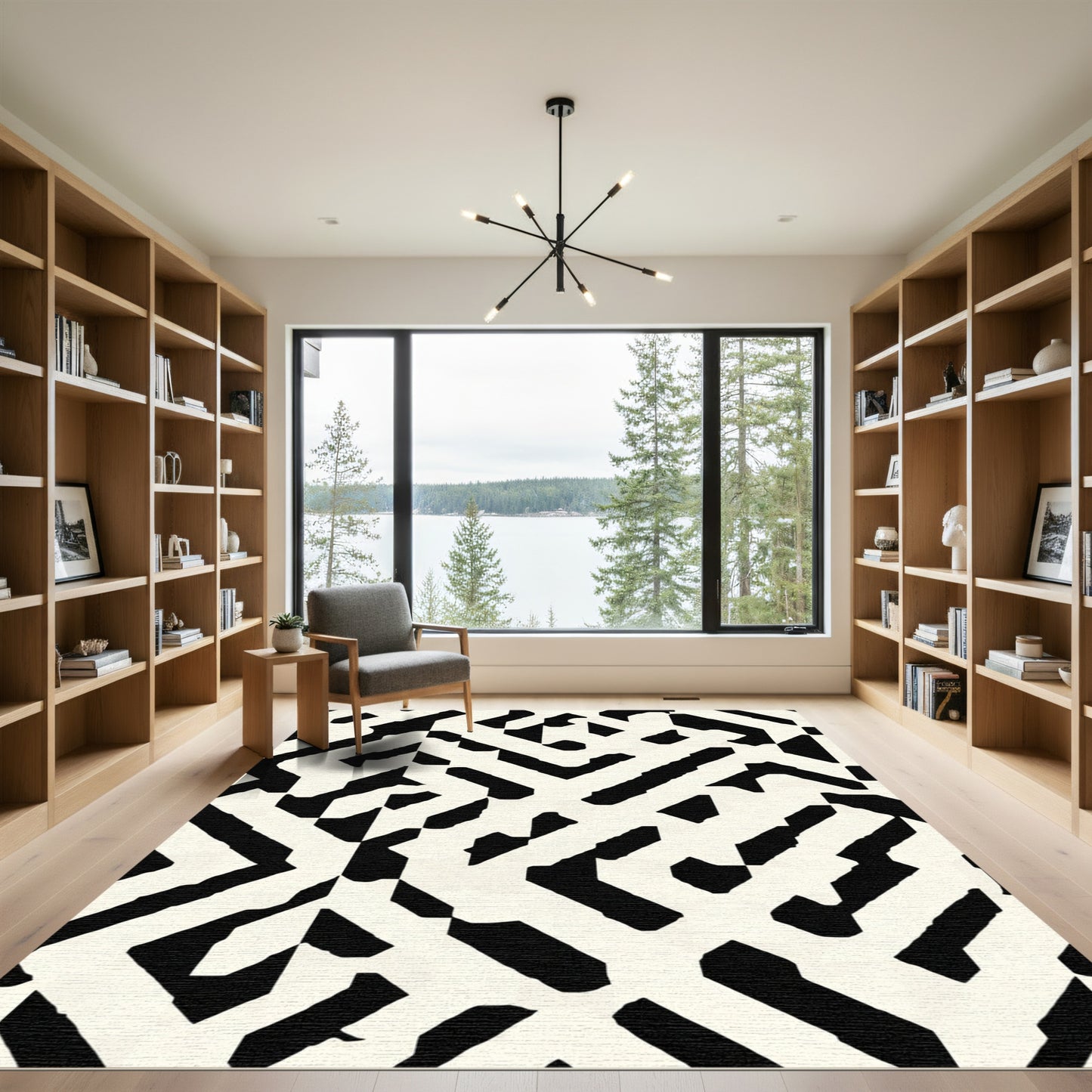 Modern Black White Geometric Labyrinth Rug