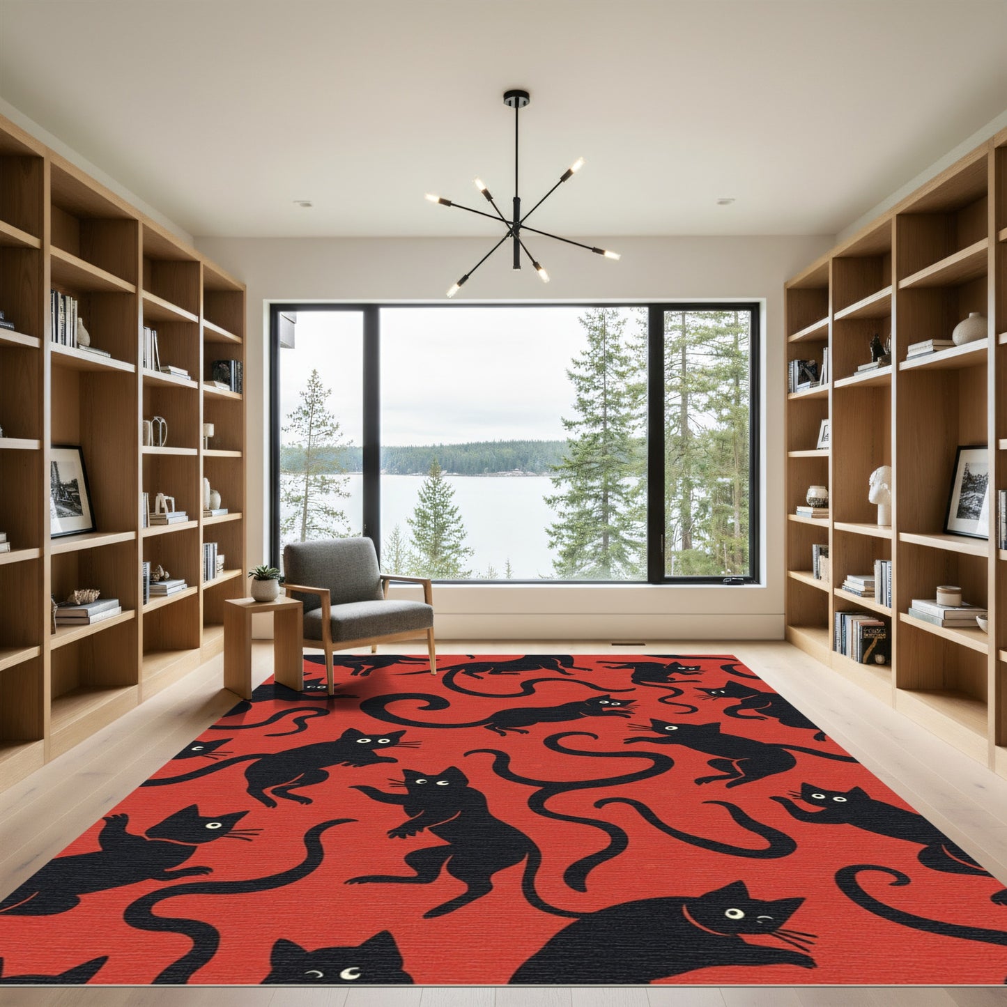 Playful Black Cats on Red Background Rug