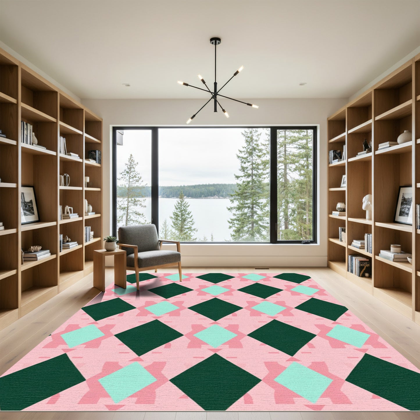 Pink Teal and Green Diamond Lattice Rug