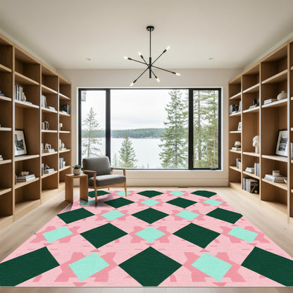 Pink Teal and Green Diamond Lattice Rug