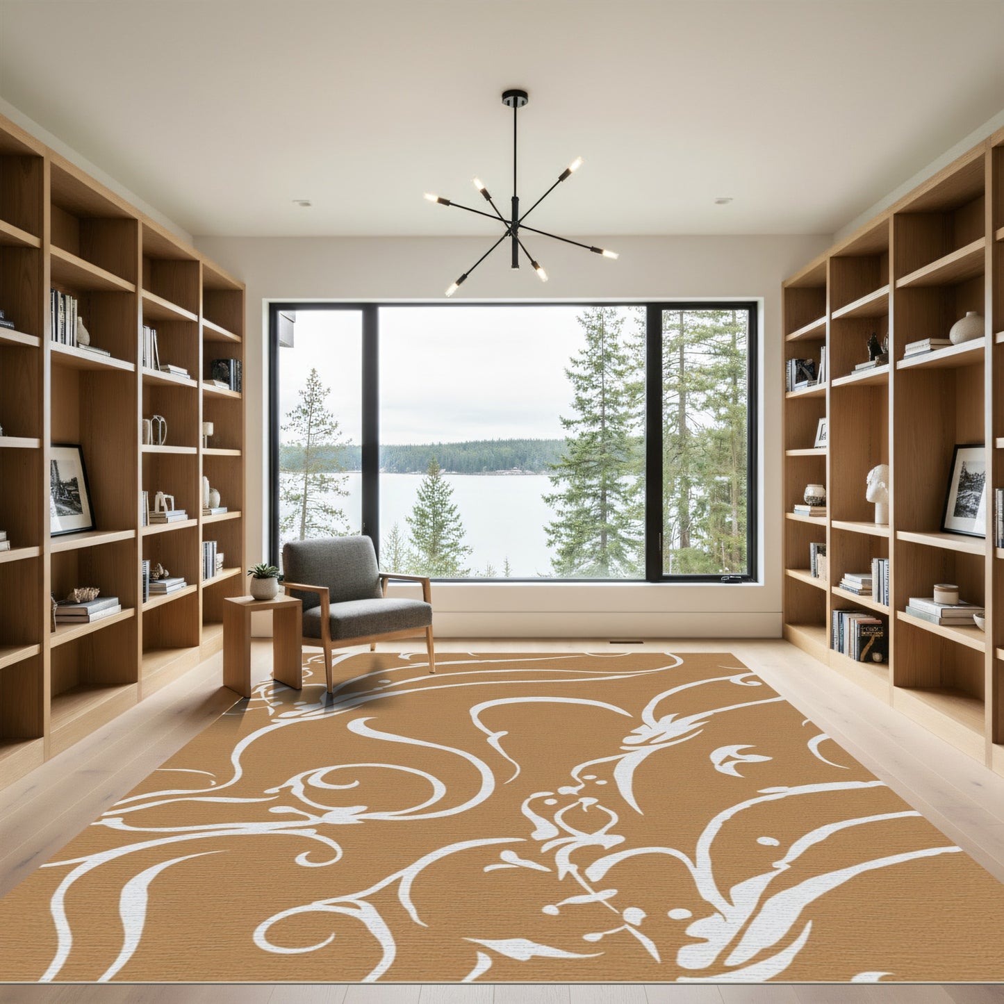 Brown White Abstract Floral Scroll Rug