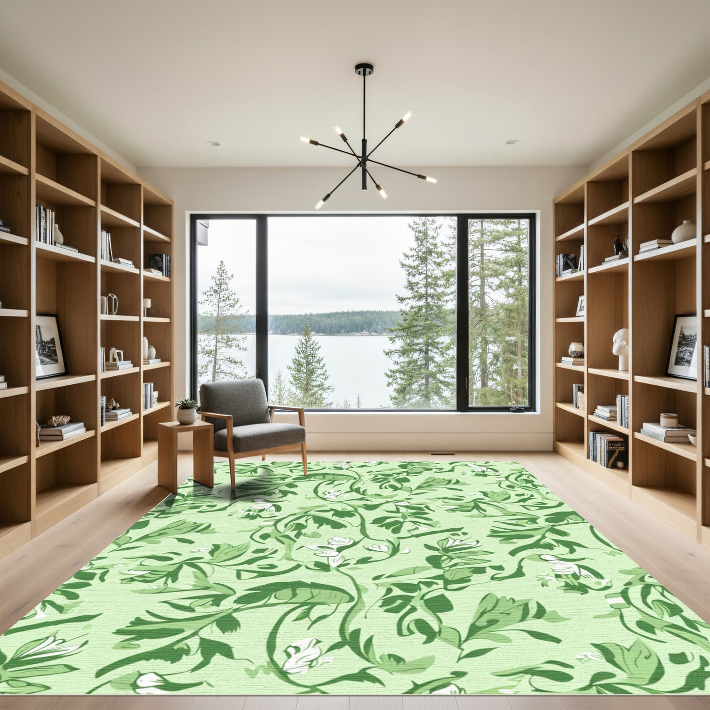 Delicate Green Floral Botanical Arrangement Rug