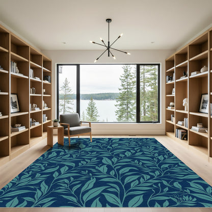 Deep Blue Teal Leafy Vines Rug