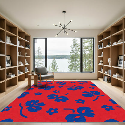 Scattered Blue Floral Red Background Rug