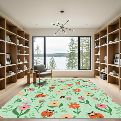 Whimsical Ladybug Floral Garden Pattern Rug