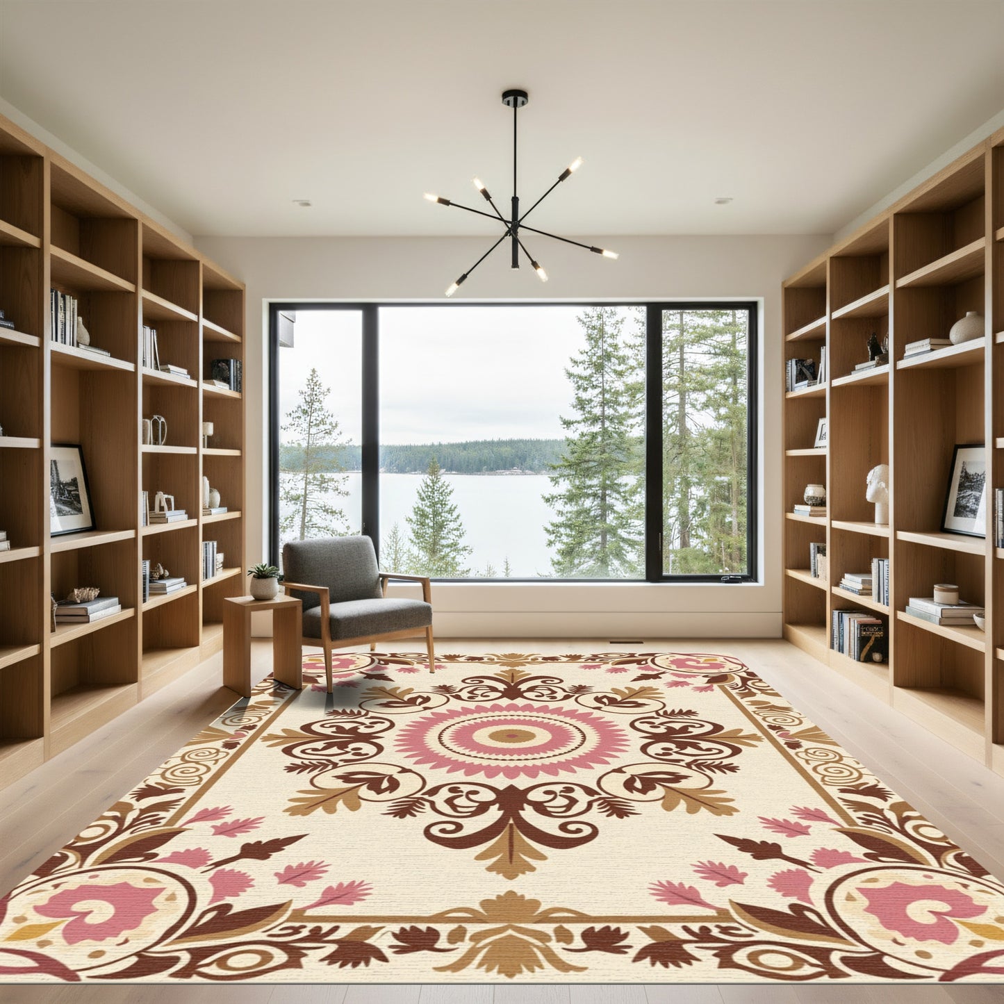 Tan Pink Floral Medallion Garden Rug