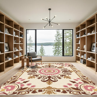 Tan Pink Floral Medallion Garden Rug