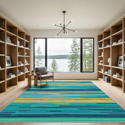 Tonal Blue Yellow Horizontal Stripes Rug