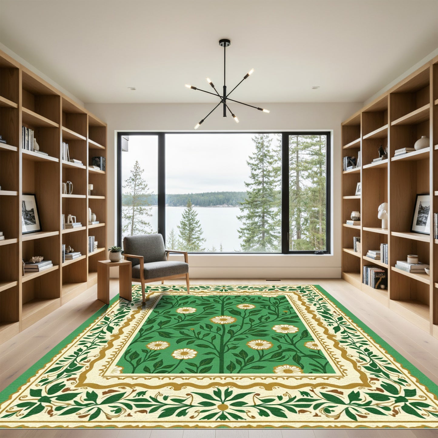 Emerald Green Floral Garden Scroll Rug
