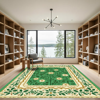 Emerald Green Floral Garden Scroll Rug