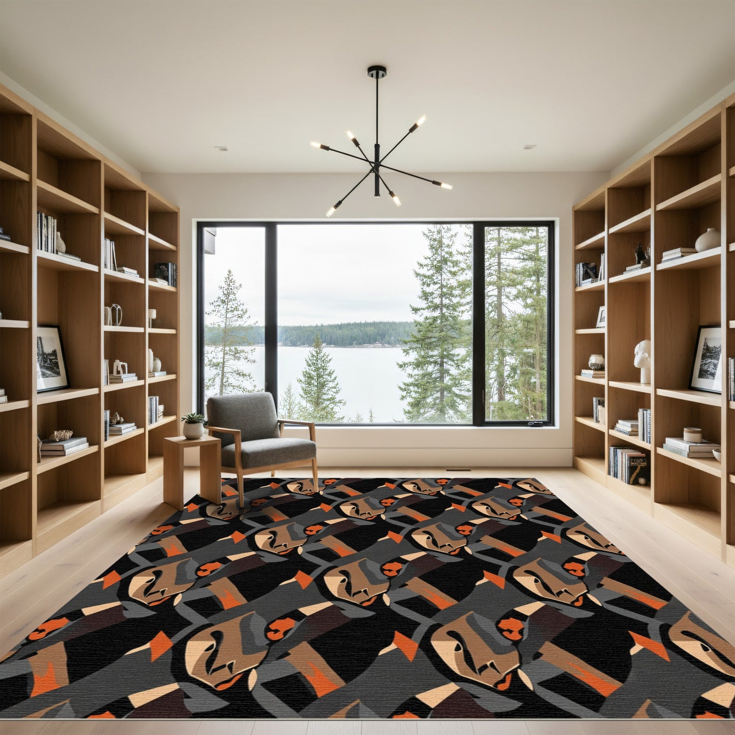 Abstract Cubist Faces Black Orange Rug