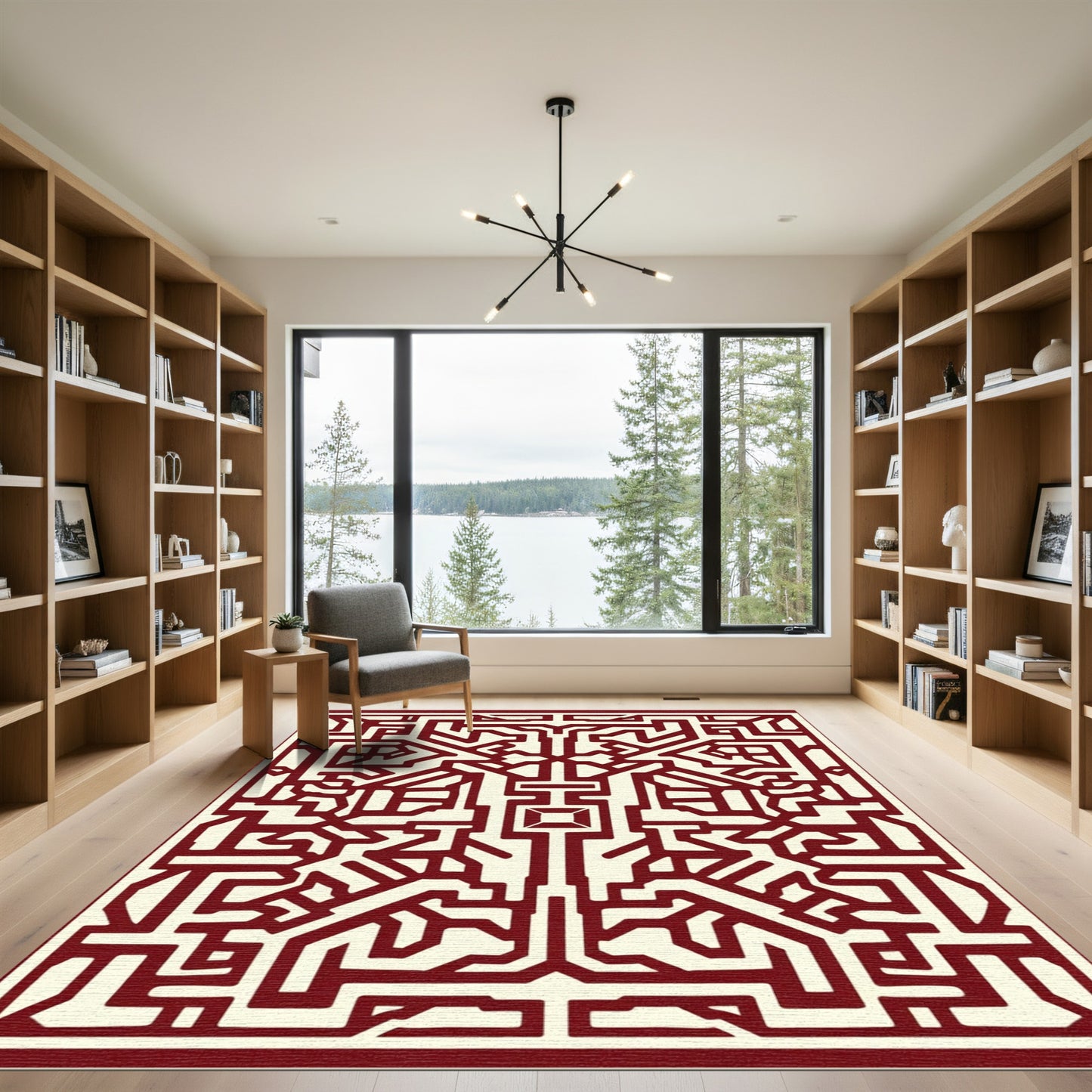 Crimson Geometric Maze Medallion Rug