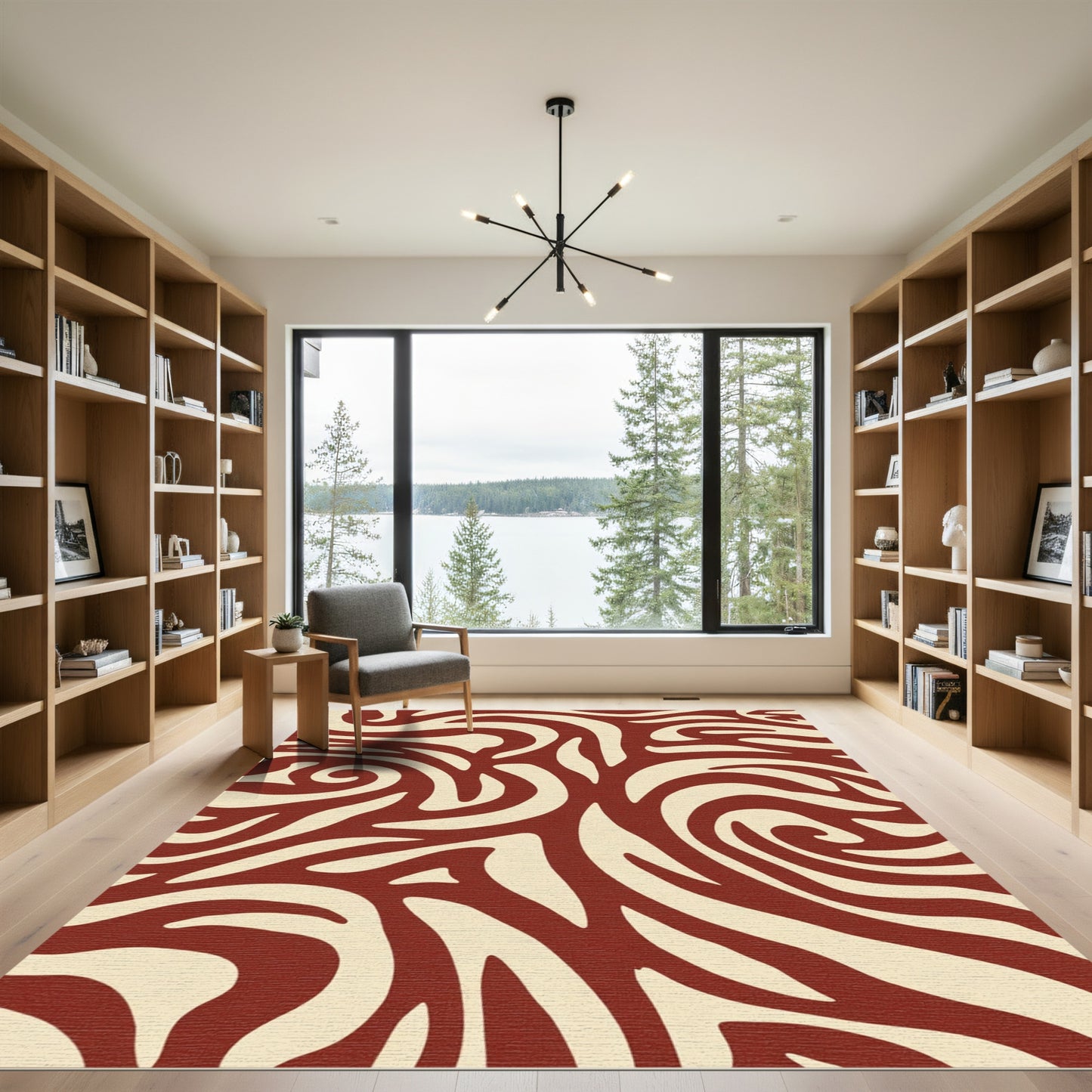 Cream and Crimson Swirl Abstract Rug