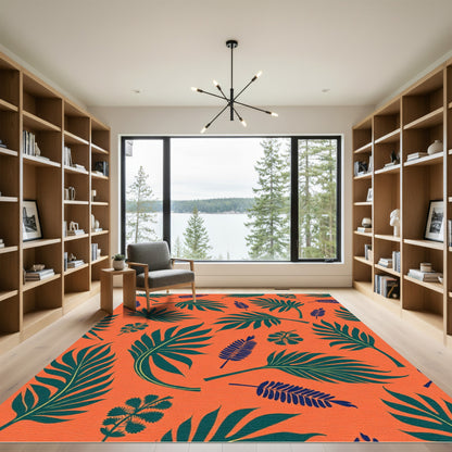 Orange Teal Tropical Leaf Pattern Rug