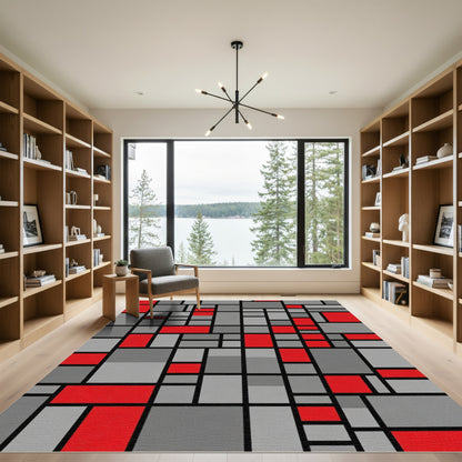Red Gray Geometric Abstract Squares Rug