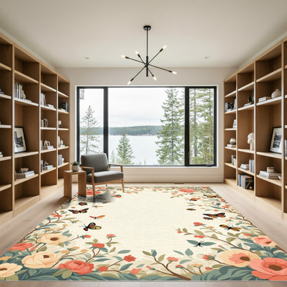 Whimsical Coral Floral Butterfly Meadow Rug