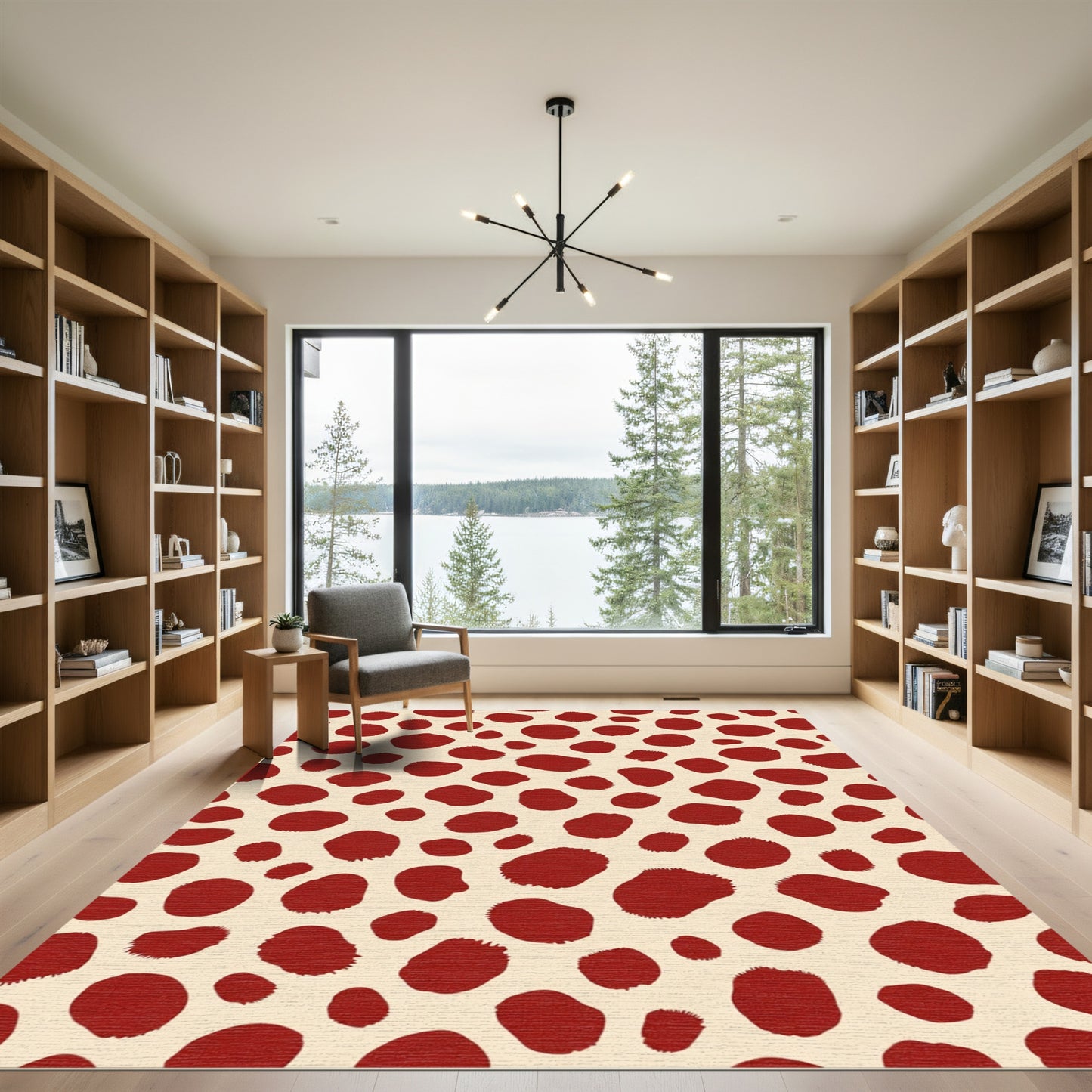 Deep Red Spotted Cream Abstract Rug