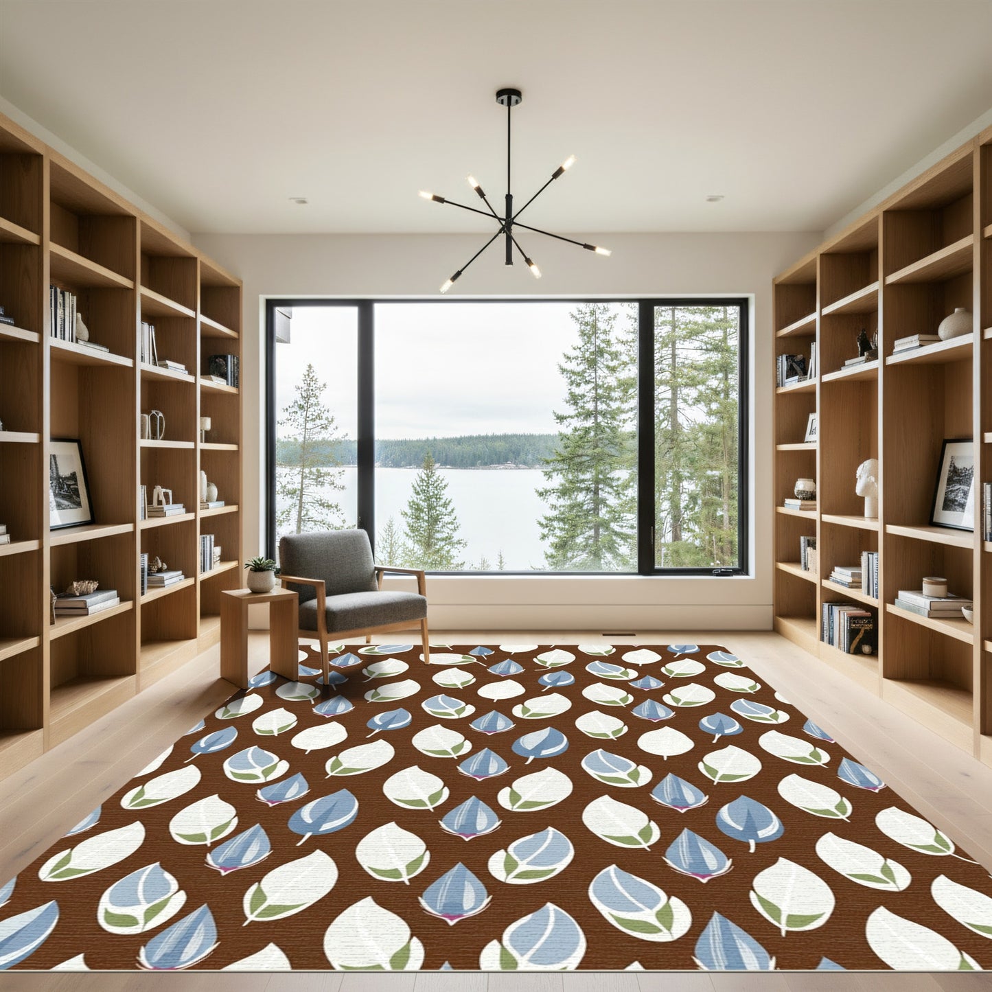 Brown Abstract Blue White Petal Rug