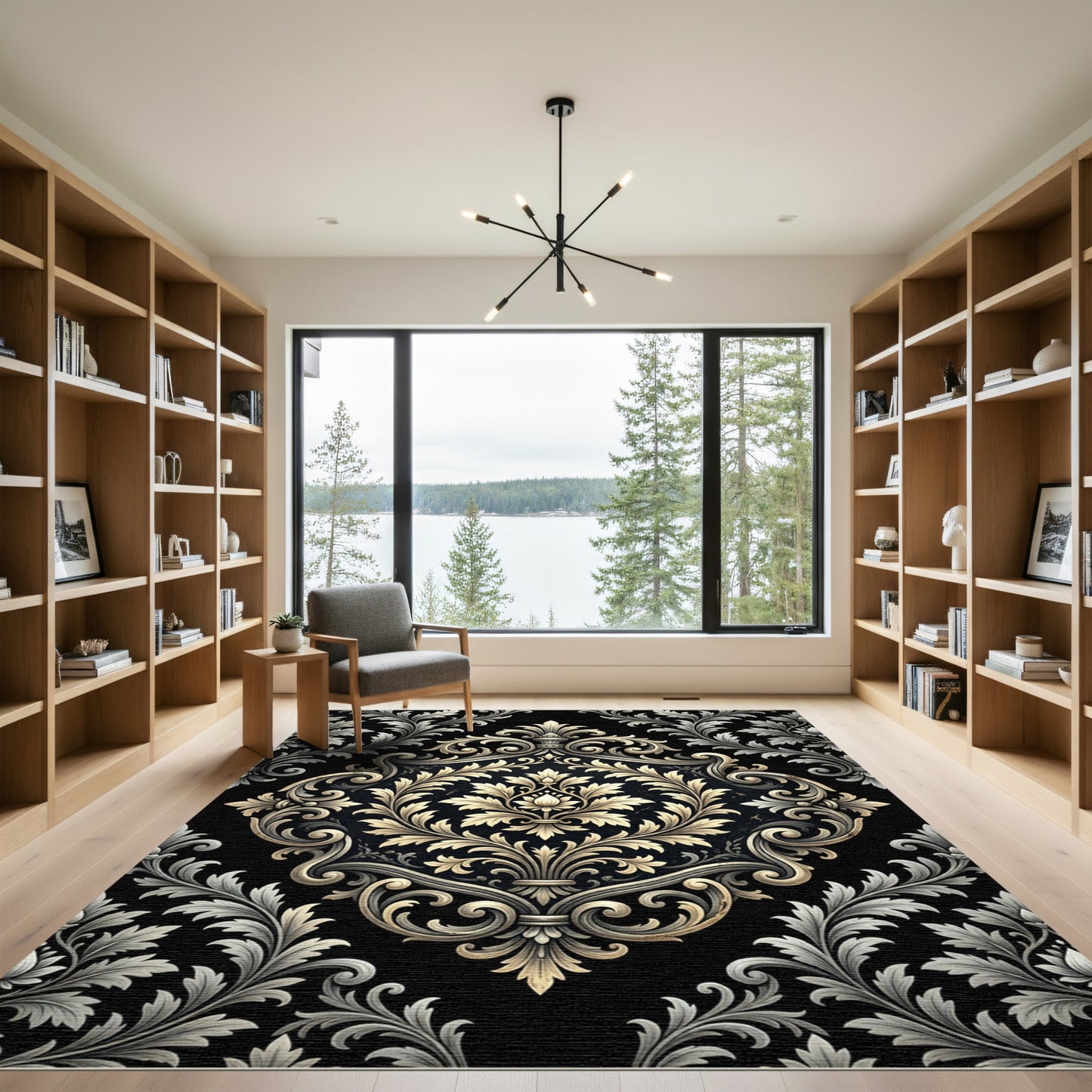 Ornate Gold Acanthus Scroll Black Rug
