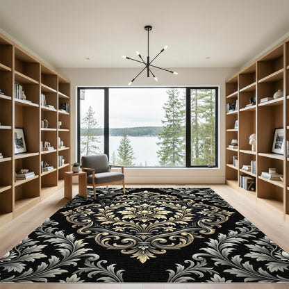Ornate Gold Acanthus Scroll Black Rug