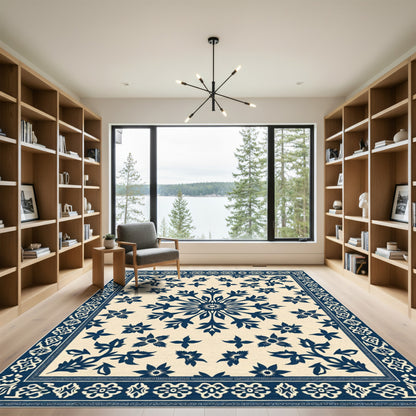 Navy Blue Floral Medallion Cream Rug