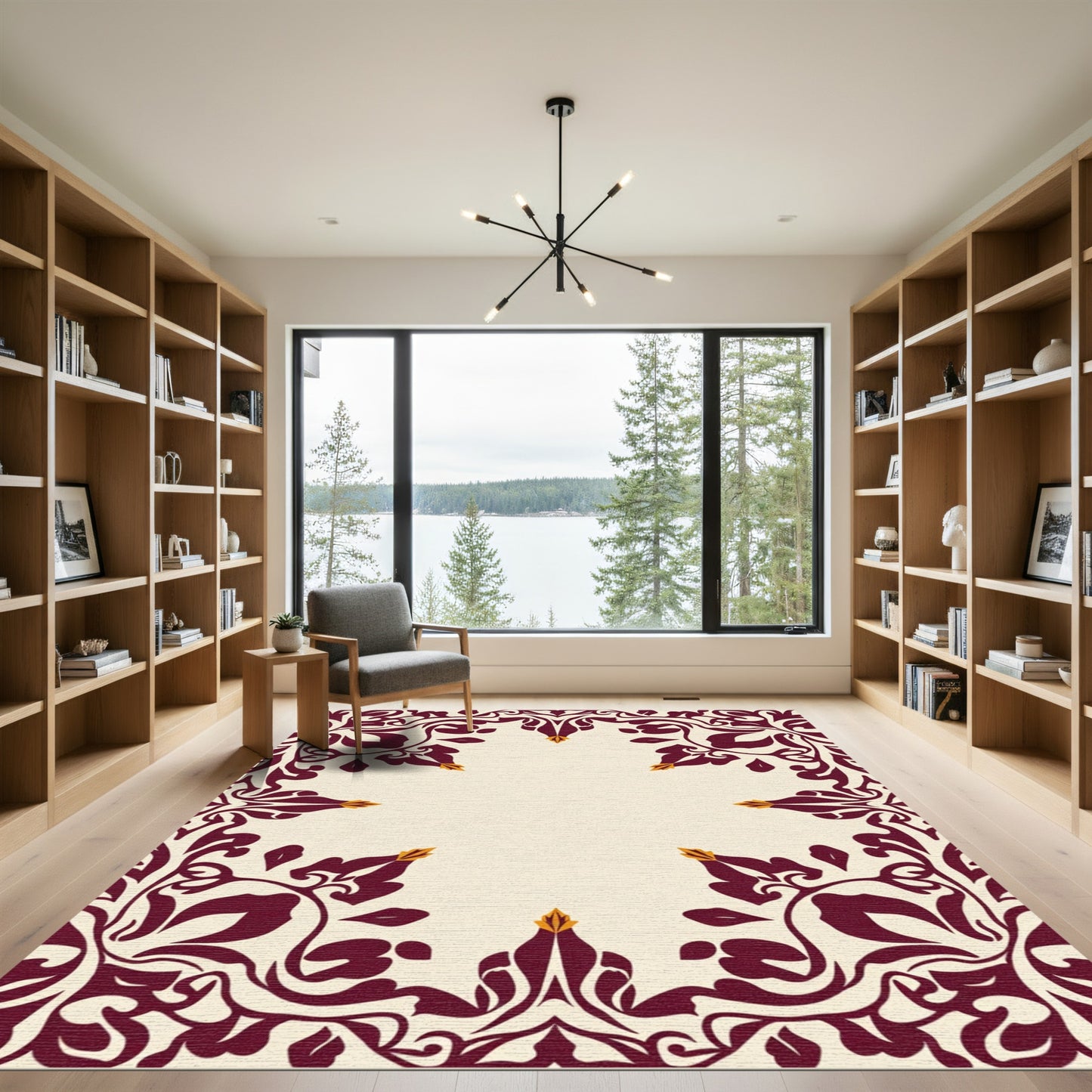 Deep Crimson Floral Scrollwork Rug