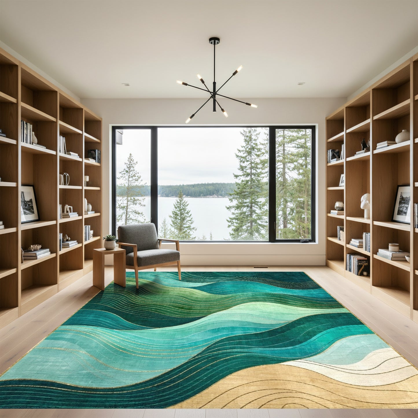 Emerald Teal Wavy Gold Rug