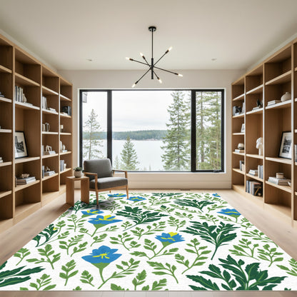 Vibrant Blue Flower Garden Pattern Rug