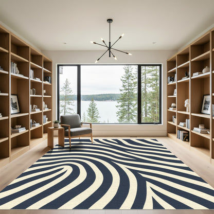 Dark Navy Cream Abstract Stripe Rug
