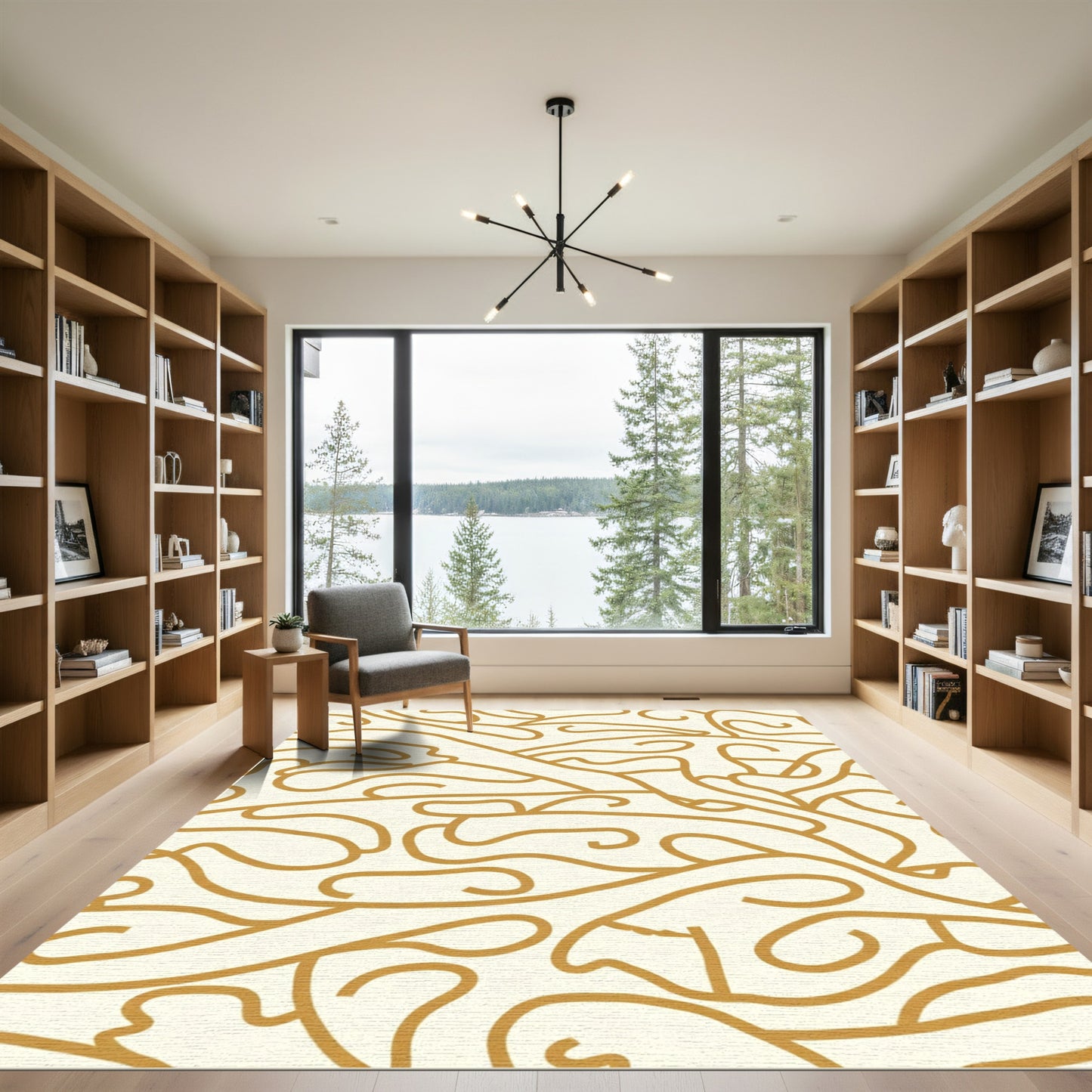 Golden Swirl Abstract Line Art Rug