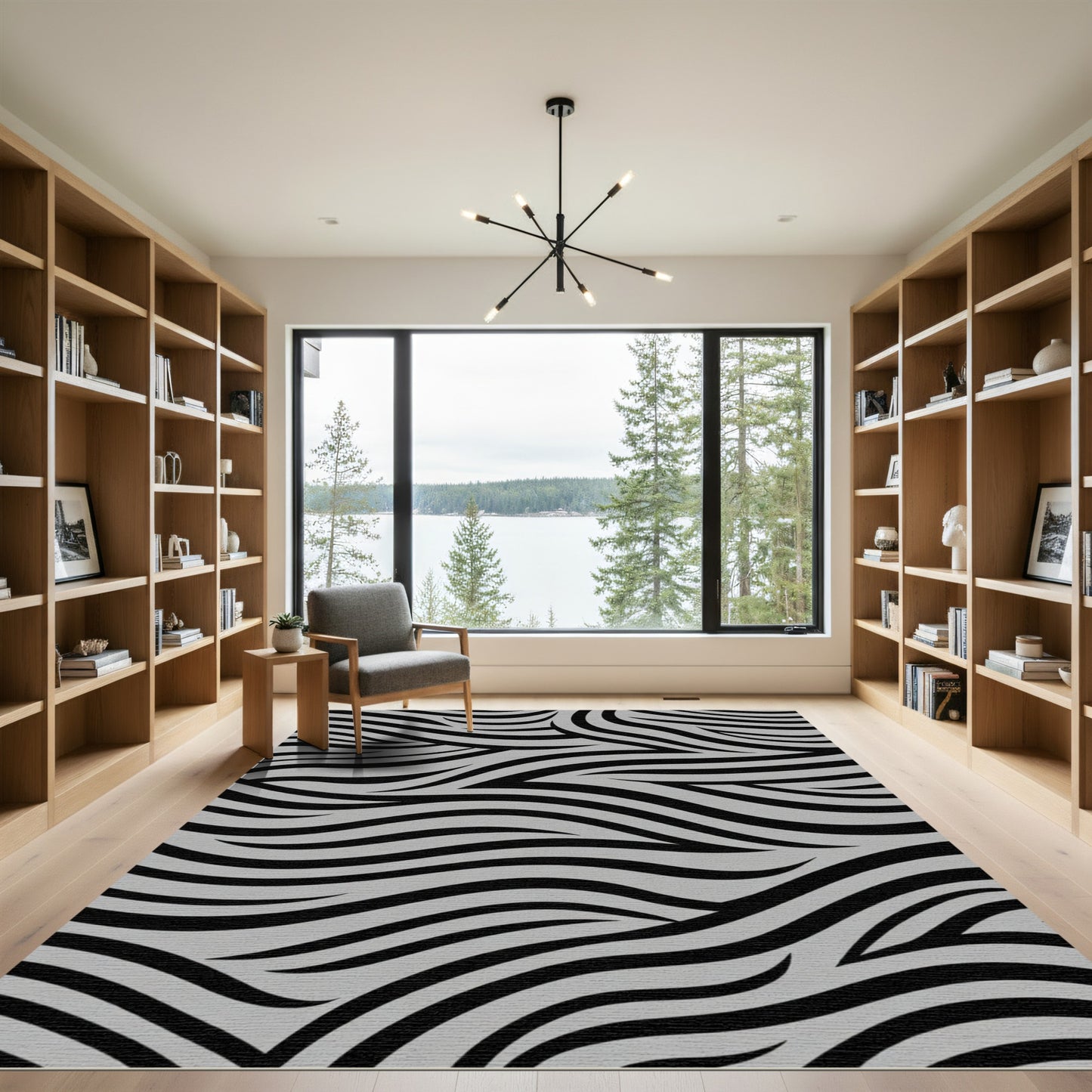Modern Black Gray Abstract Waves Rug