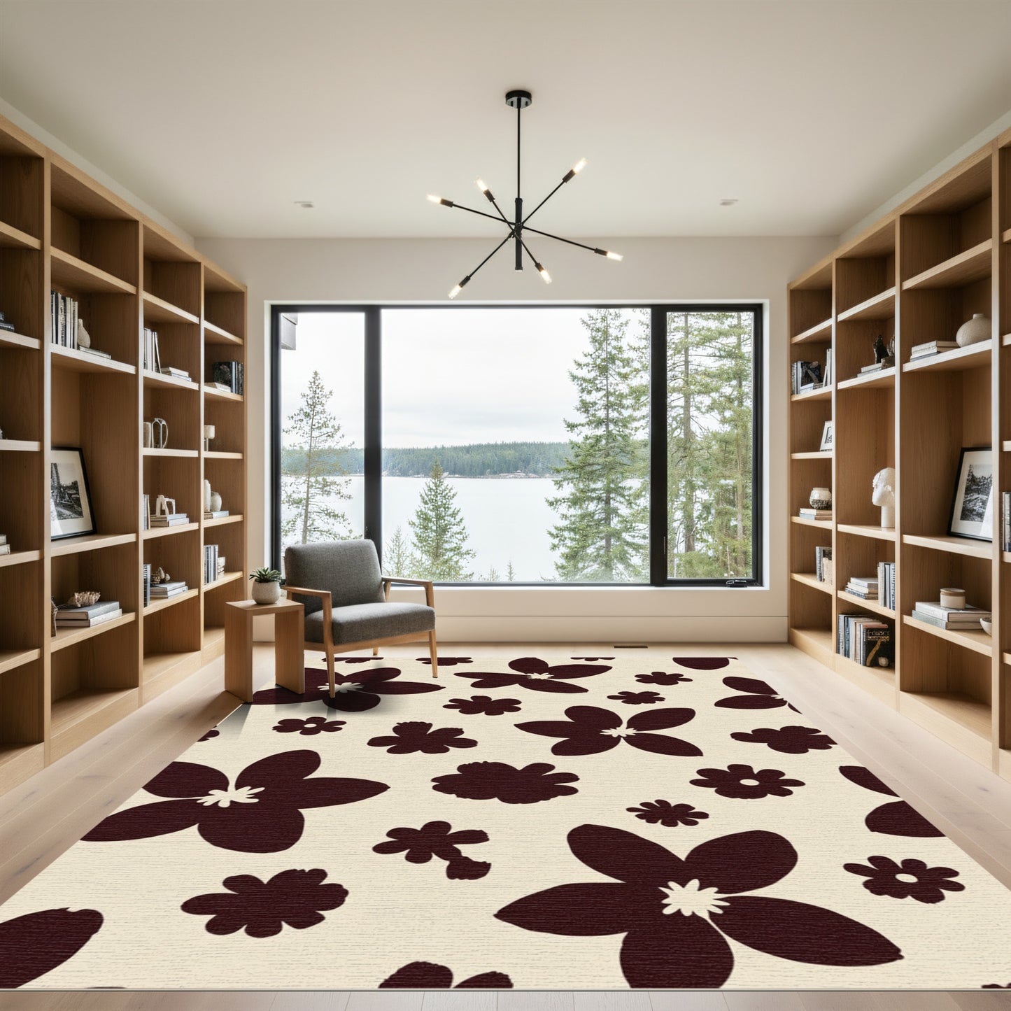Dark Brown Abstract Floral Pattern Rug