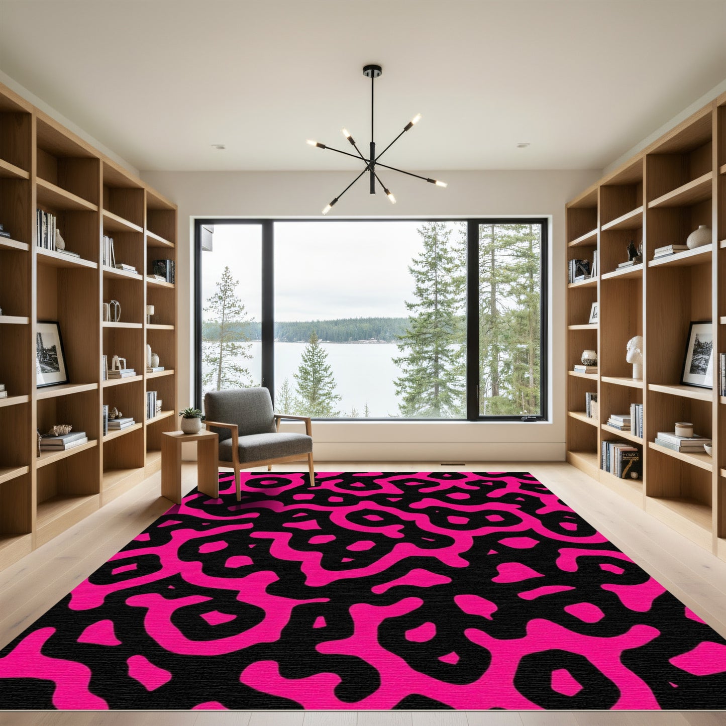 Vibrant Pink Organic Swirls Black Rug