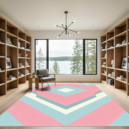 Pastel Pink Blue Geometric Diamond Overlap Rug