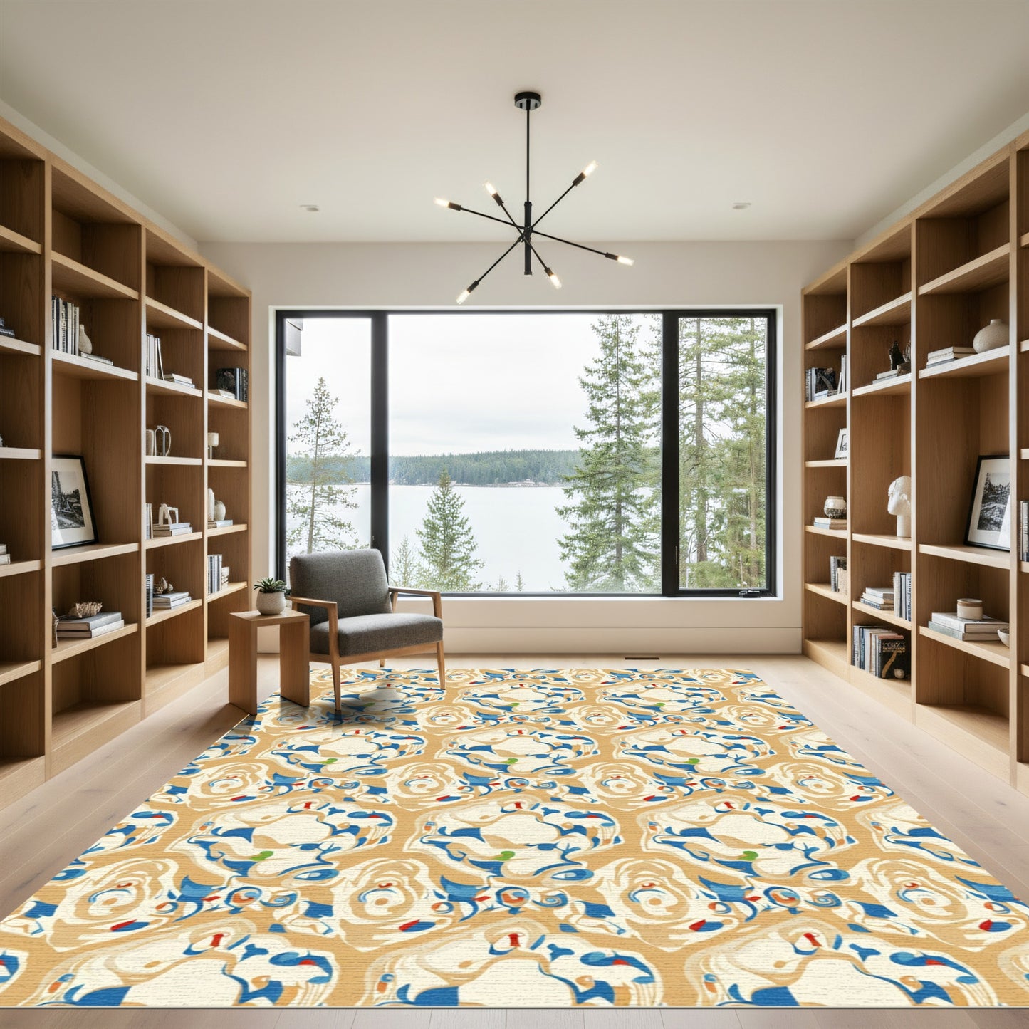Cream Blue Abstract Organic Hexagon Rug