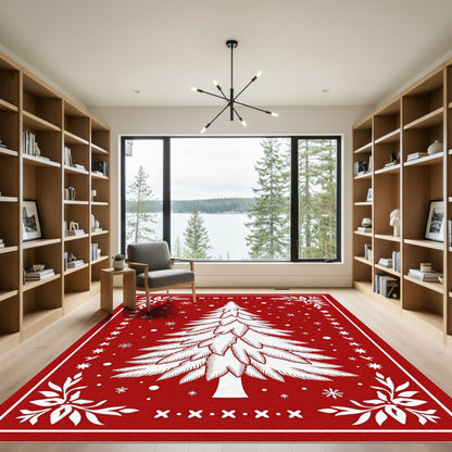 Red White Frosted Christmas Tree Snowflakes Rug