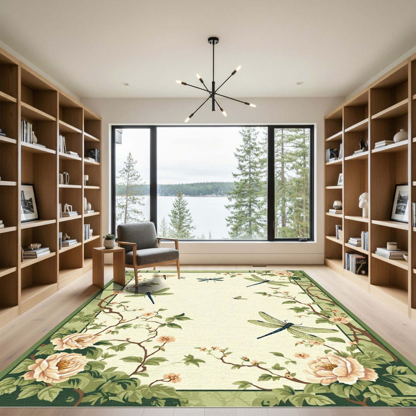 Creamy White Dragonflies Floral Branches Rug