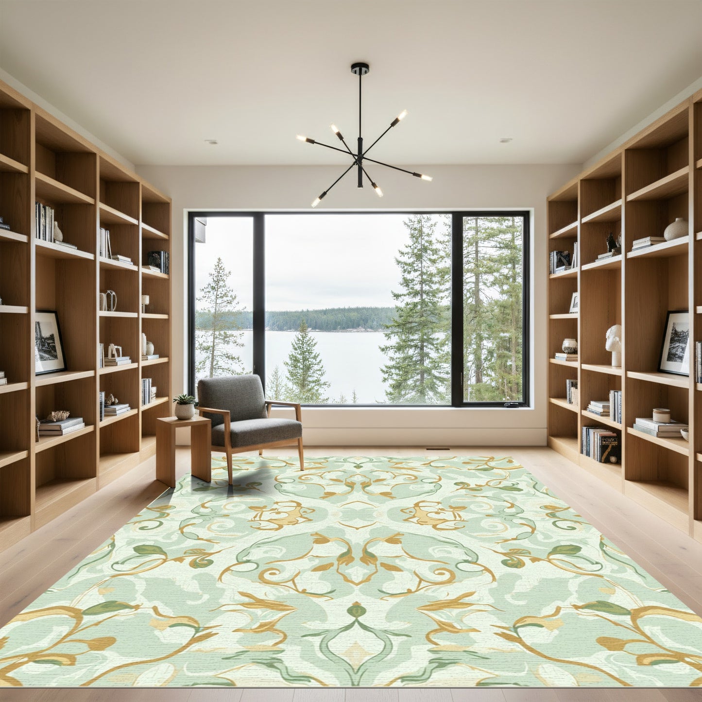 Pale Aqua Gold Scrollwork Floral Harmony Rug