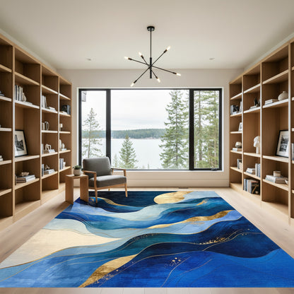 Navy Gold Abstract Waves Rug