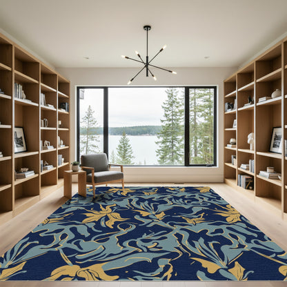 Navy Golden Teal Abstract Floral Swirl Rug