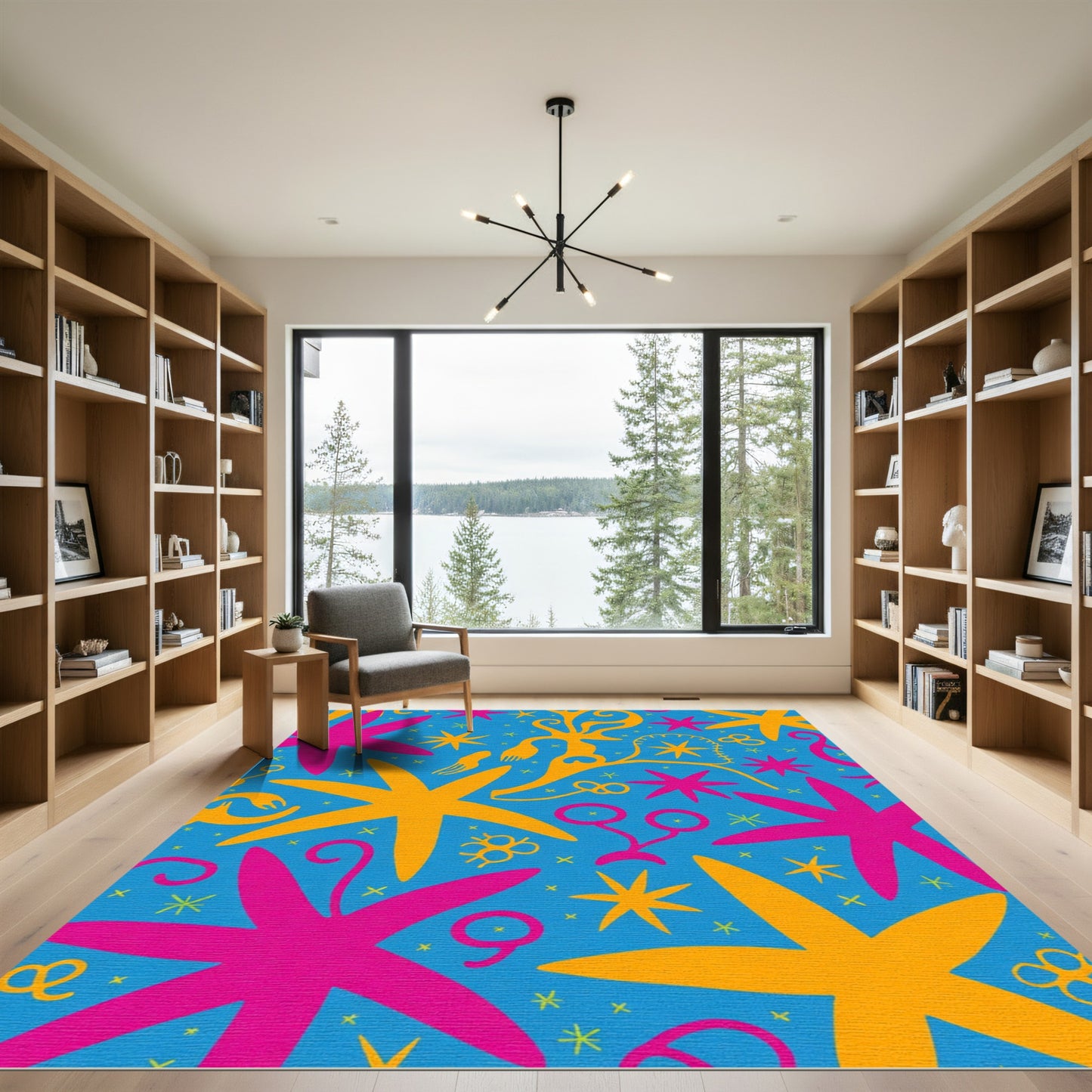 Whimsical Pink Yellow Starburst Teal Rug
