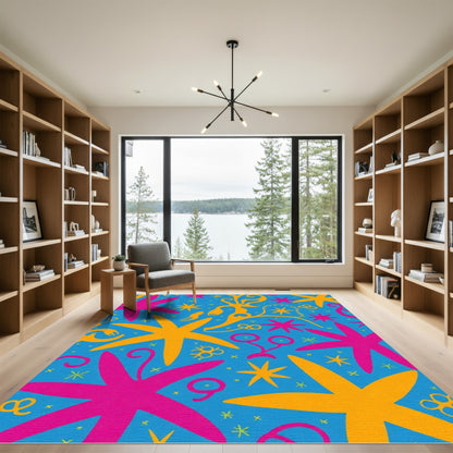 Whimsical Pink Yellow Starburst Teal Rug